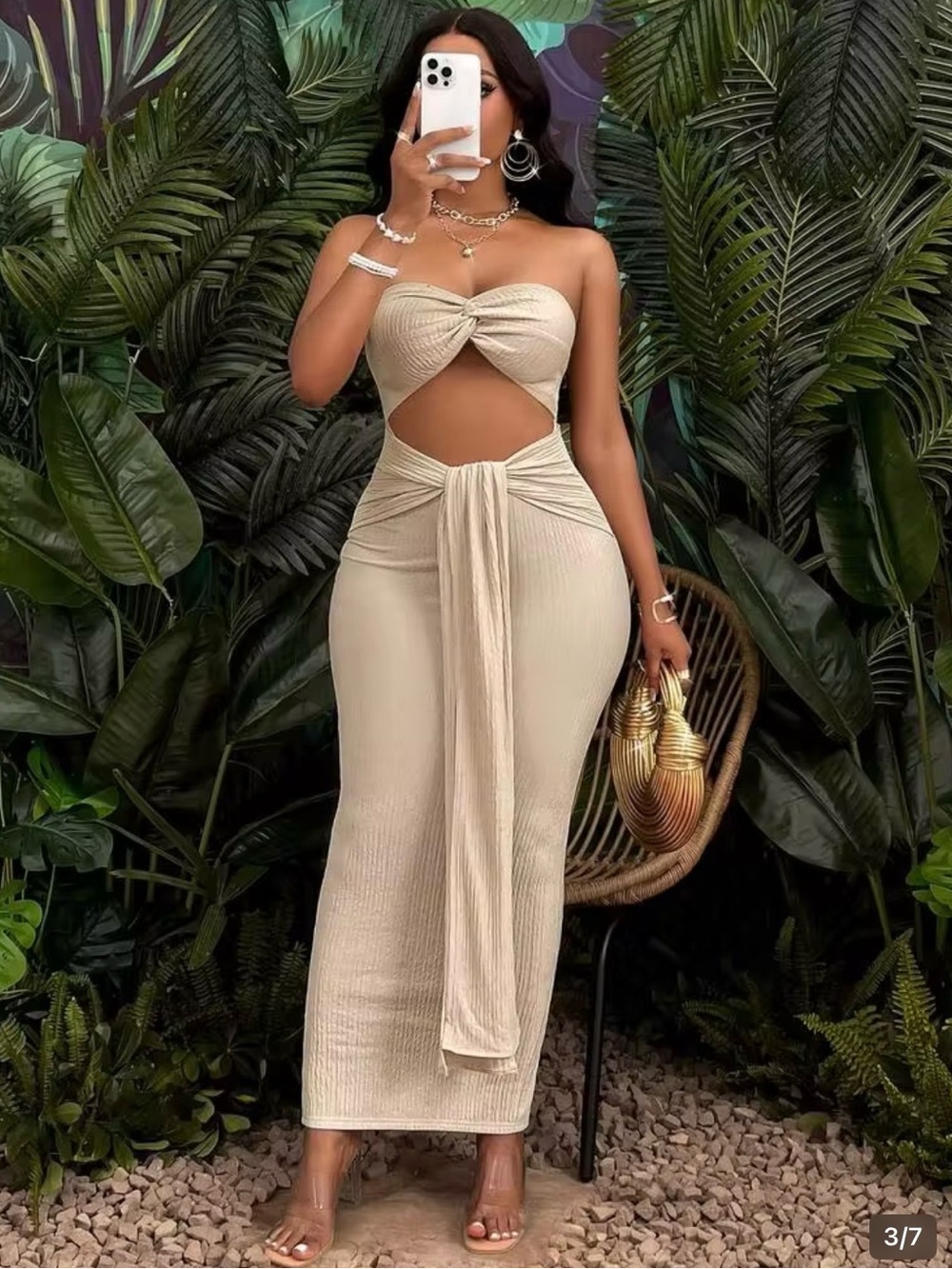 Beige Cutout With Straps Maxi Dress